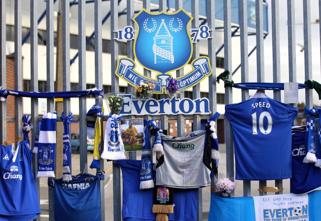 Tributes to Speed appeared at all the clubs he represented, like here at Everton's Goodison Park stadium in Liverpool.