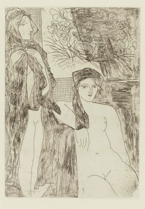 The collection is made up of 100 etchings, such as this one, entitled "Rembrandt and Two Women" commissioned by art collector Ambroise Vollard, and created by Picasso between 1930 and 1937.