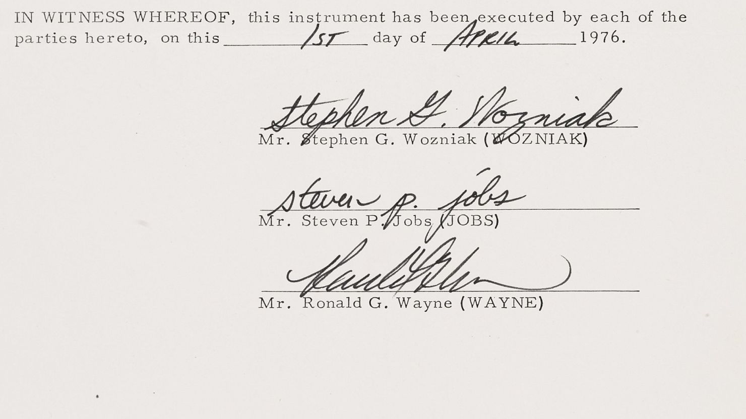 The documents were signed by Steve Jobs, Steve Wozniak and "forgotten founder" Ron Wayne.