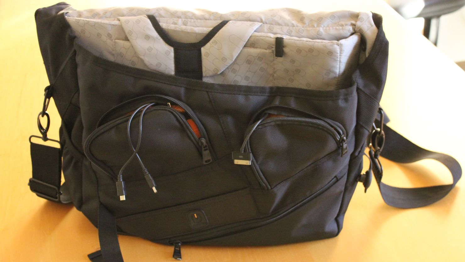 The Powerbag comes with a battery and standard wires for charging gadgets.