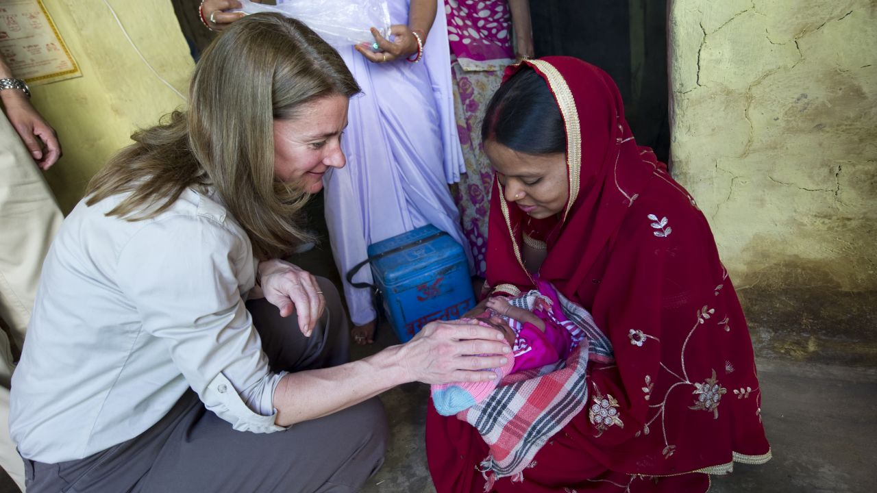 Melinda Gates talks with Rukmini, a young mother in the state of Uttar Pradesh, in north-central India.