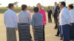 Secratary of State Hillary Clinton is greeted after landing in Nay Pi Daw, Myanmar. This is the first visit of an American official to the country in the last five decades.