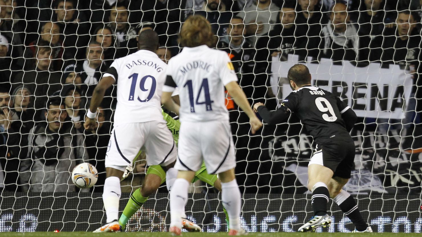 Dimitrios Salpigidis scores PAOK Salonika's opening goal in their shock 2-1 Europa League victory at Tottenham.
