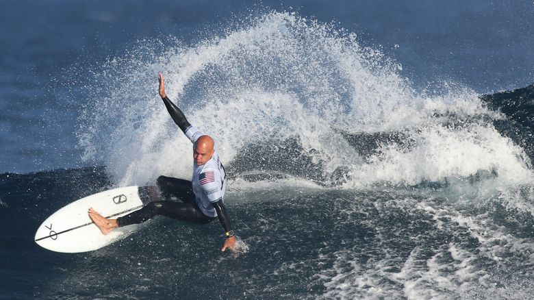 US surfer Kelly Slater competes during the Margaret River Pro surfing competition at Margaret River, in Perth Western Australia on April 16, 2024. (Photo by COLIN MURTY / AFP) / -- IMAGE RESTRICTED TO EDITORIAL USE - STRICTLY NO COMMERCIAL USE -- (Photo by COLIN MURTY/AFP via Getty Images)