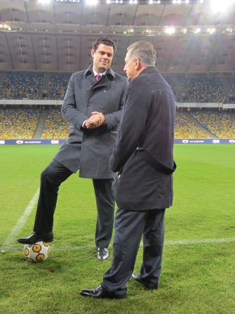 CNN's Pedro Pinto talks to Ukraine's deputy prime minister Boris Kolesnikov in the brand new Lviv Stadium, during his whirlwind day visiting all four stadiums that will host matches in the country.