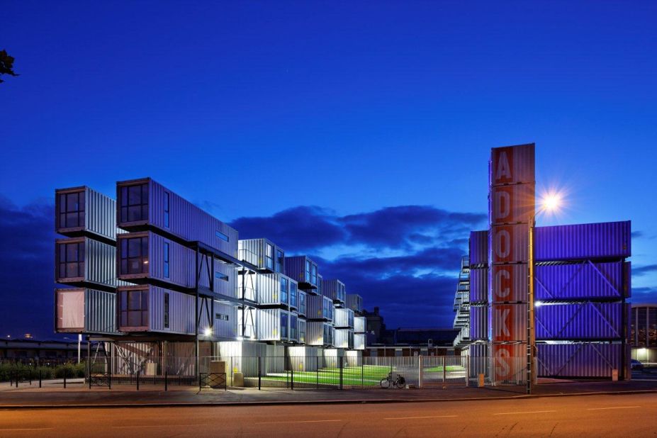 A student housing block in Le Havre, France, offering 100 apartments from recycled shipping containers.