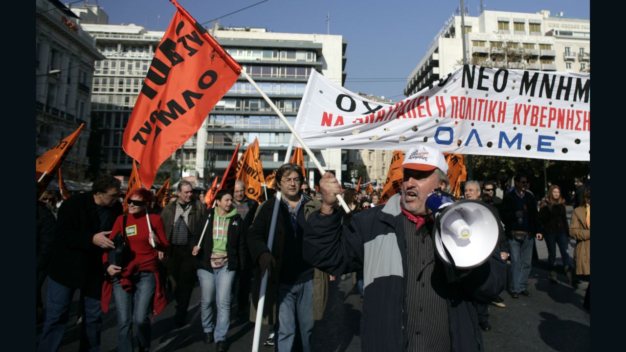 Protesters march through Athens protesting austerity measures. 