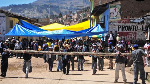 Protesters block the way to the Yanacocha mine in Cajamarca, Peru on November 25,.