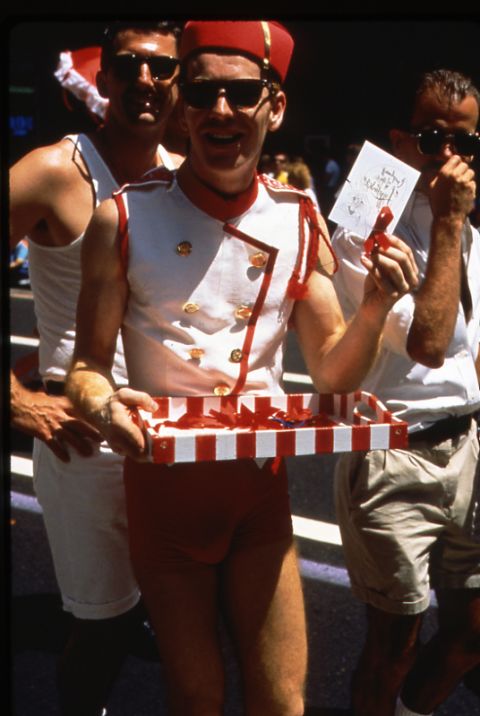 Red ribbons were worn as part of The Ribbon Cavalcade, a traveling parade slash fashion show slash moral booster for those in the trenches of early AIDS activism.