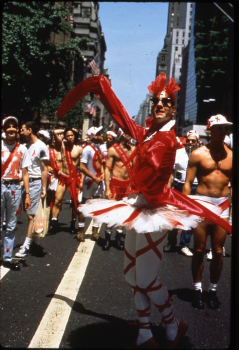 A member of The Ribbon Cavalcade poses in New York City in 1991.