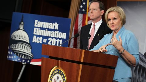 U.S. Sen. Pat Toomey (R-PA) and Sen. Claire McCaskill (D-MO) hold a news conference about earmarks November 30, 2011 on Capitol Hill.
