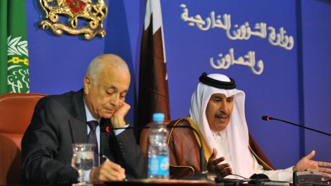 Arab League Secretary General Nabil el-Araby, left, and Qatari P.M. Hamad ben Jassem attend meeting to discuss Syria.