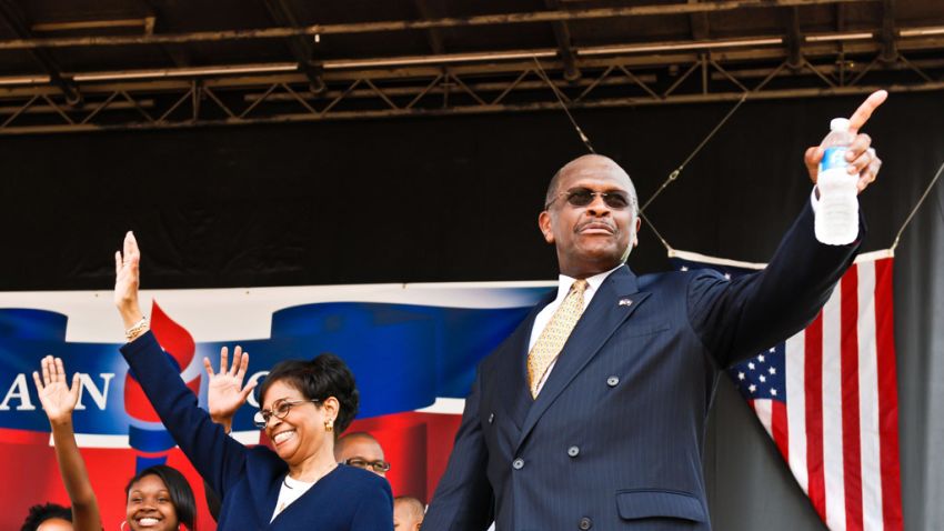 Herman Cain kicks off his presidential campaign with his wife, Gloria, at a May rally in Atlanta.