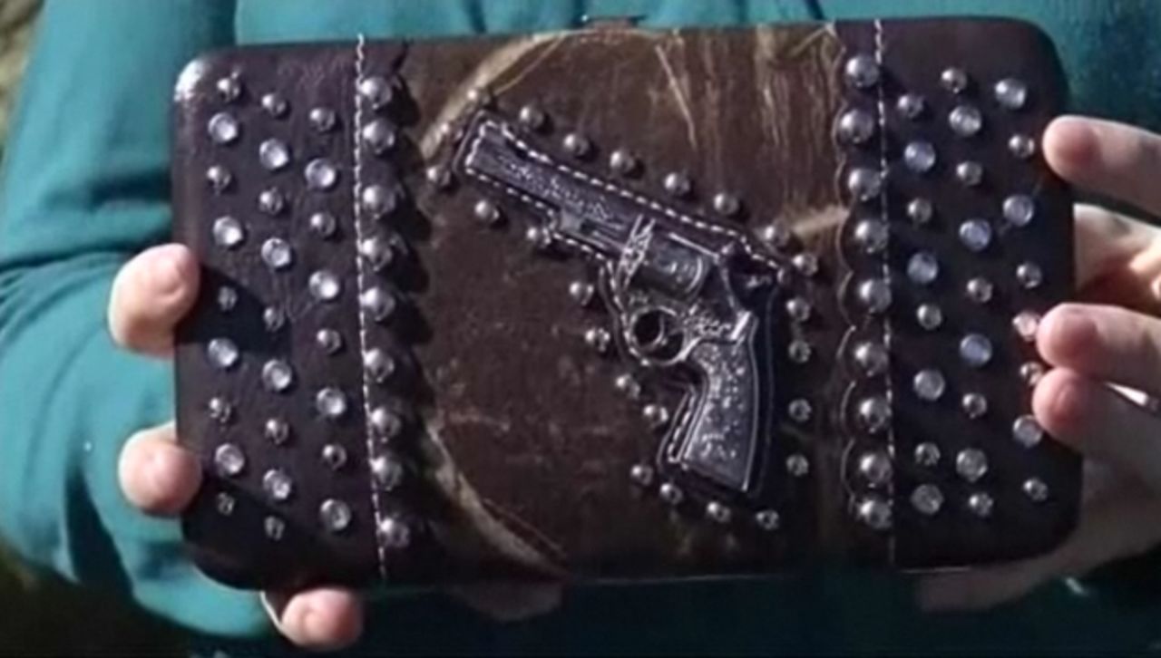 Products that mimic guns, like this purse with a gun design, aren't allowed as carry-on items, either. This replica was flagged by the Transportation Security Administration at the Norfolk, Virginia, airport in 2011.