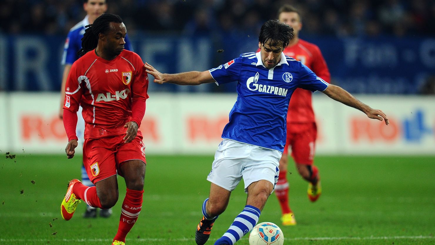Veteran Spanish forward Raul Gonzalez (right) scored the third goal as Schalke moved up to fourth in the Bundesliga.