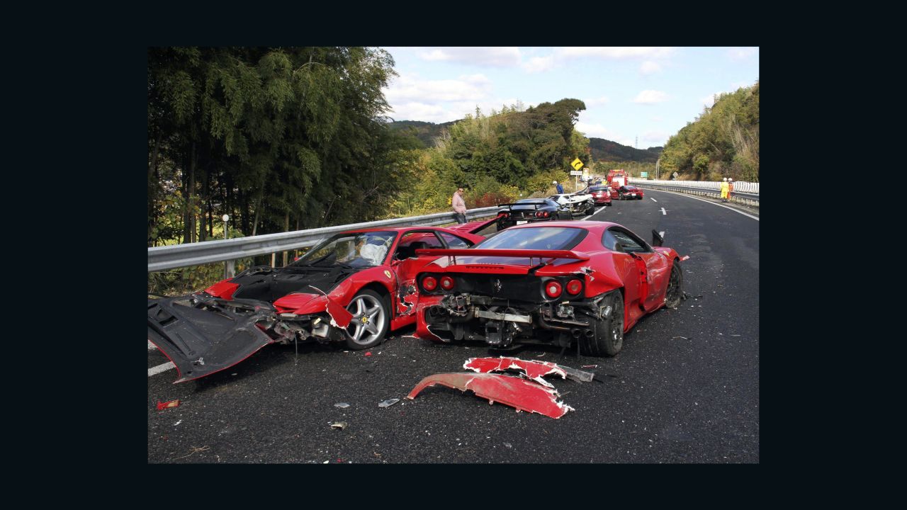 Aftermath of crash involving Ferraris, a Lamborghini and three Mercedes Benz cars in Japan, no one was seriously injured