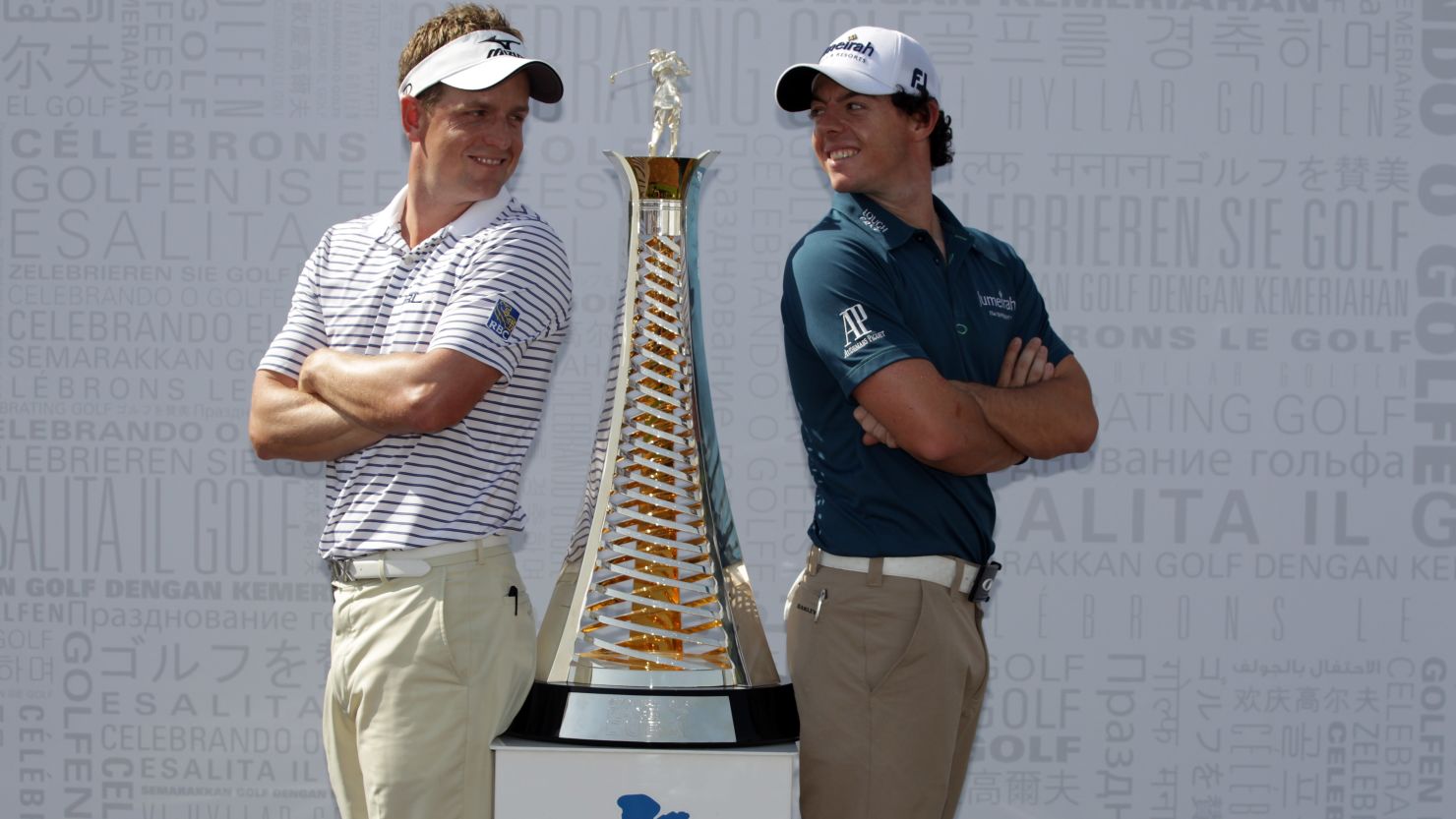 Luke Donald (left) and Rory McIlroy are all smiles ahead of this week's Dubai World Championship.
