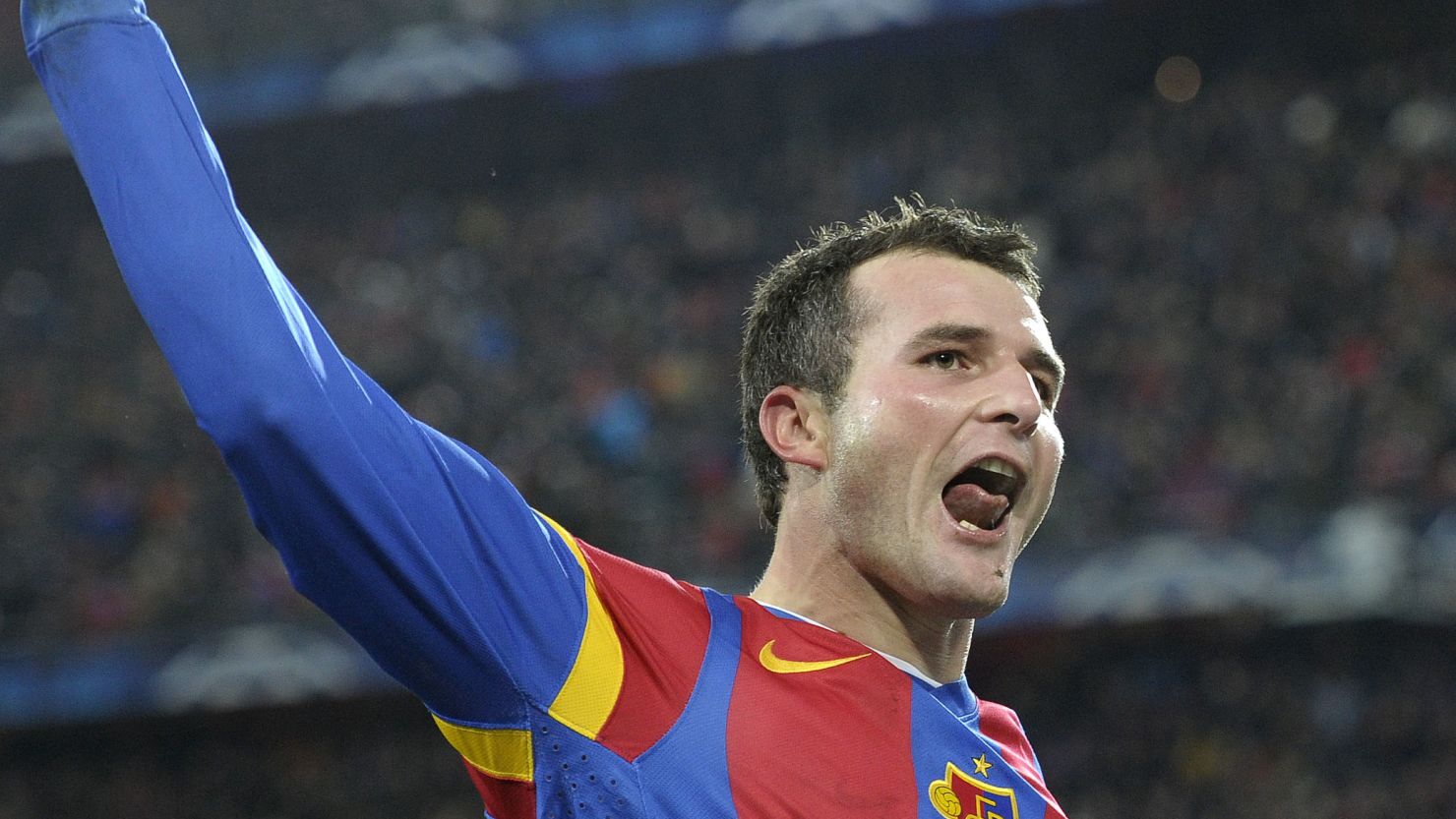 Alex Frei celebrates his clinching second goal for Basel in their 2-1 win over Manchester United