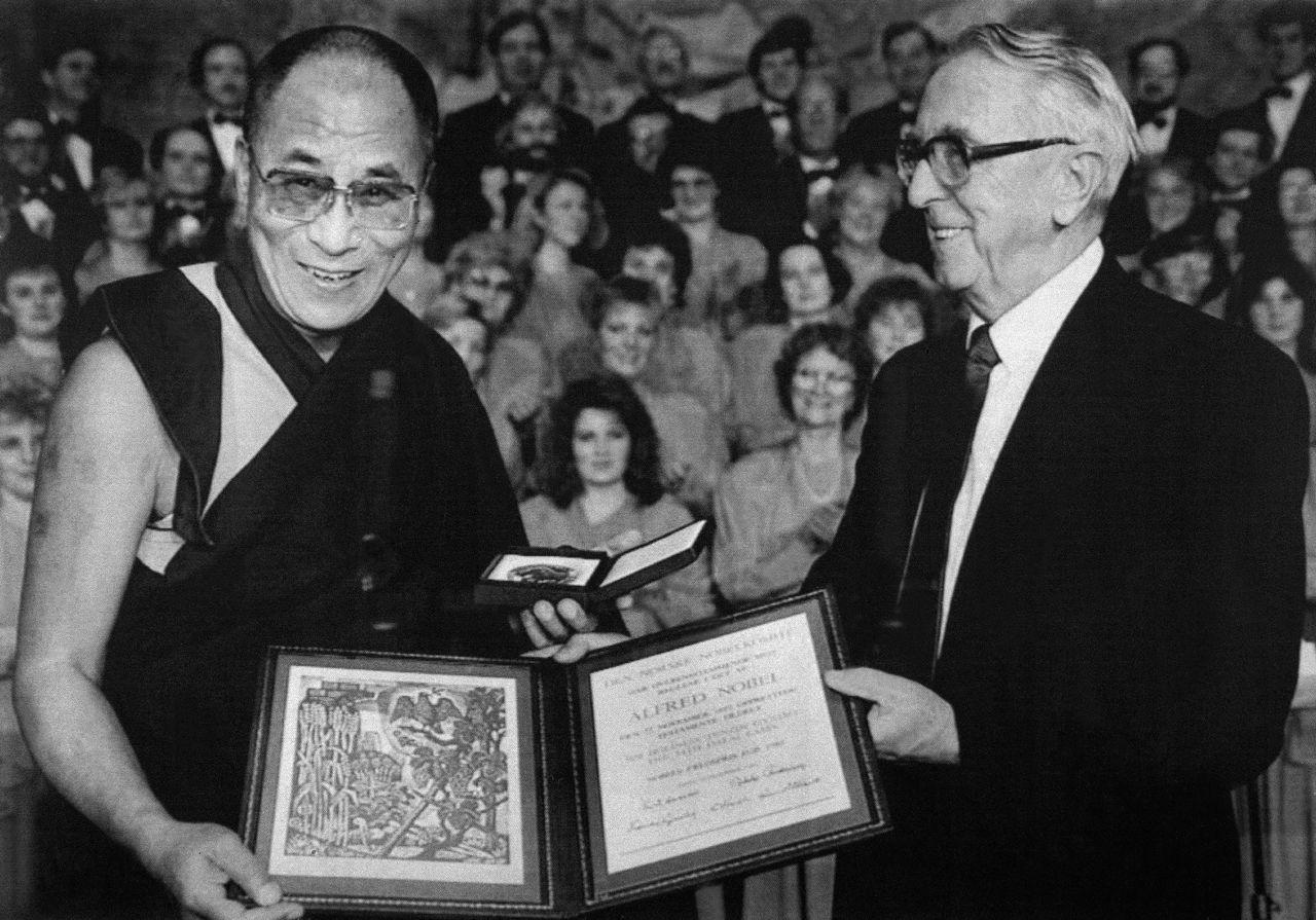 The Dalai Lama accepts the Nobel Peace Prize in 1989.