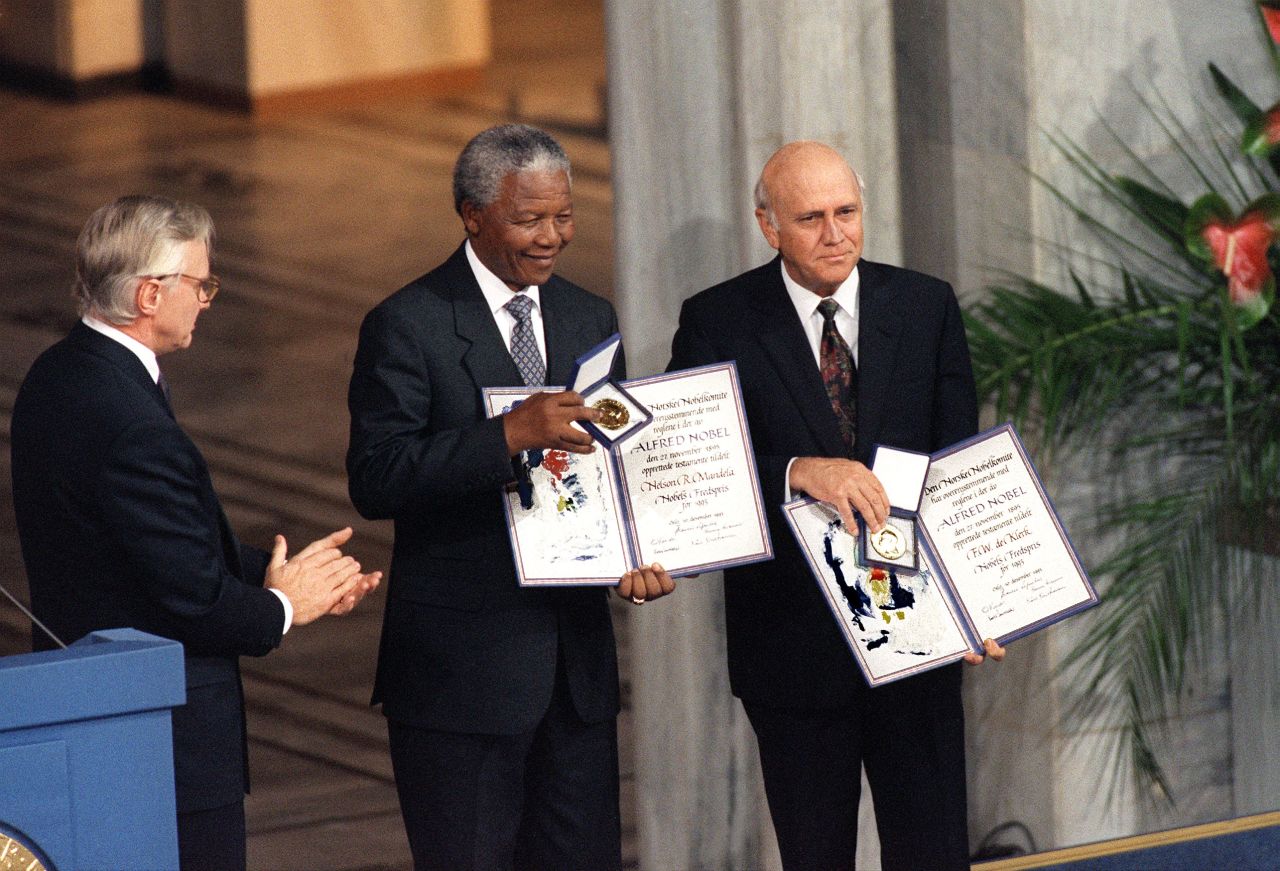 Nelson Mandela and his predecessor as South African president, F.W. de Klerk were recognized for their efforts to end apartheid.