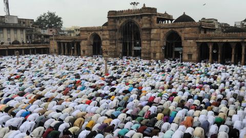 Indian Muslims offer Eid al-Fitr prayers at the 600-year old Shahi Jama Masjid in Ahmedabad on August 31, 2011