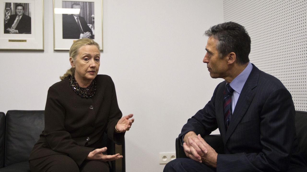 U.S. Secretary of State Hillary Clinton meets with NATO Secretary General Anders Fogh Rasmussen  in Brussels