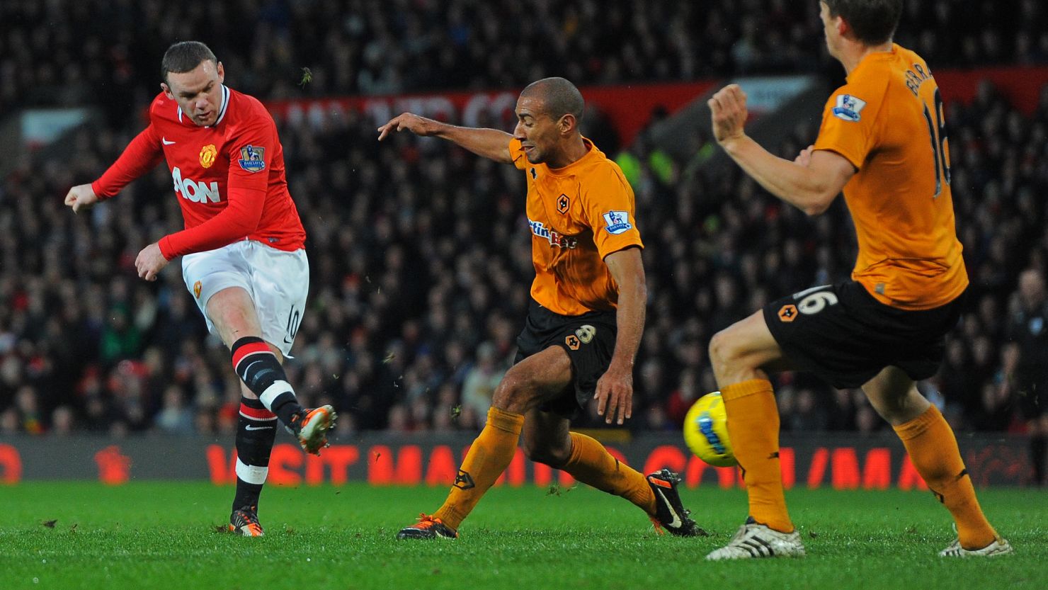 Wayne Rooney fires Manchester United's second goal against Wolverhampton Wanderers at Old Trafford on Saturday.