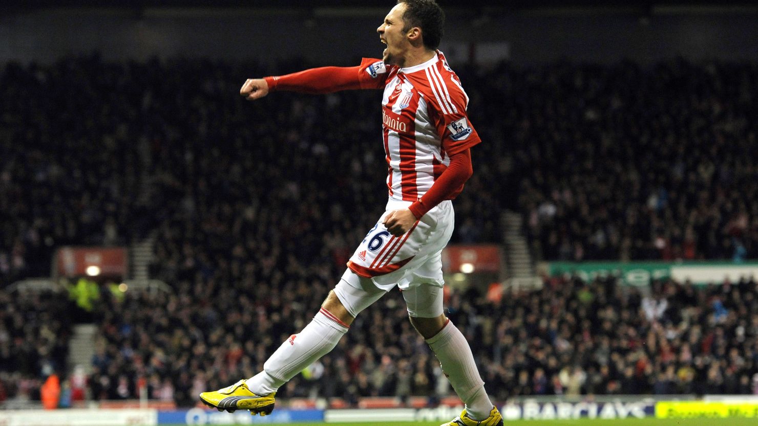 Matthew Etherington celebrates his second goal as Stoke ended Tottenham's winning run with a 2-1 success.
