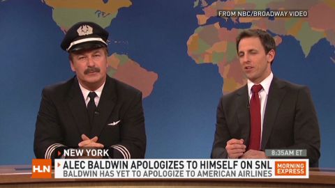 Alec Baldwin, left, makes fun of the incident on "Saturday Night Live" with Seth Meyers.