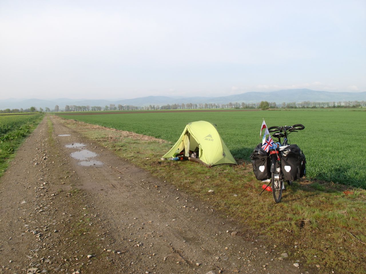 Along the way Outen says she has had to camp wherever there is a good site. Here a makeshift campsite is made by the roadside in Poland on April 27, 2011.