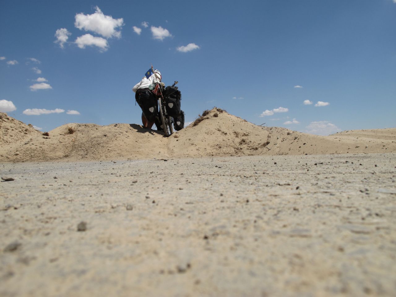 Outen says she struggled with the roads in Kazakhstan as she neared China and was at times, forced to push her bicycle through sand. 