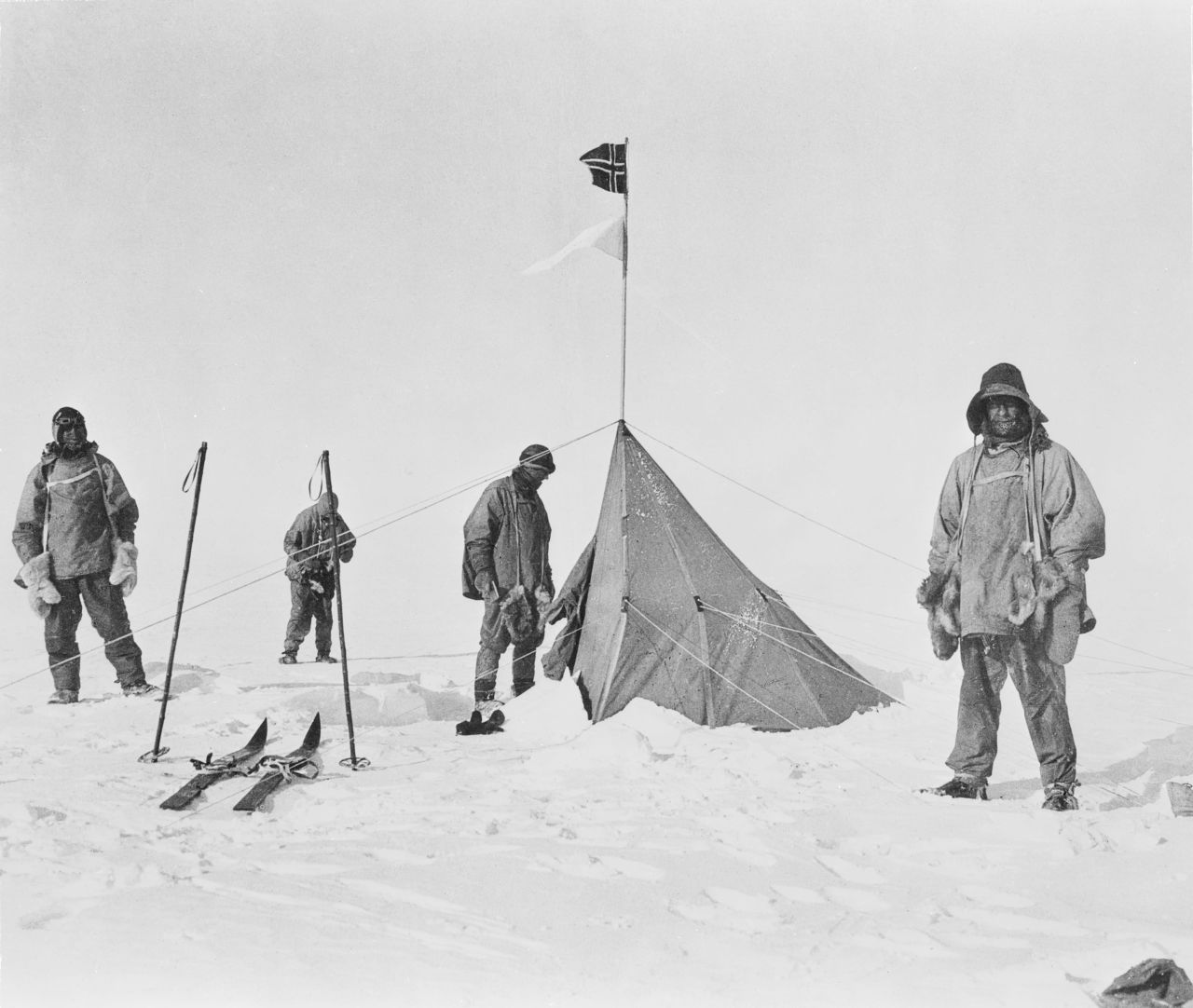 Scott and his men made it to the South Pole, but found rival Norwegian explorer Roald Amundsen's tent already there. They died on the return journey. Photo: Captain Scott and his party at the South Pole.