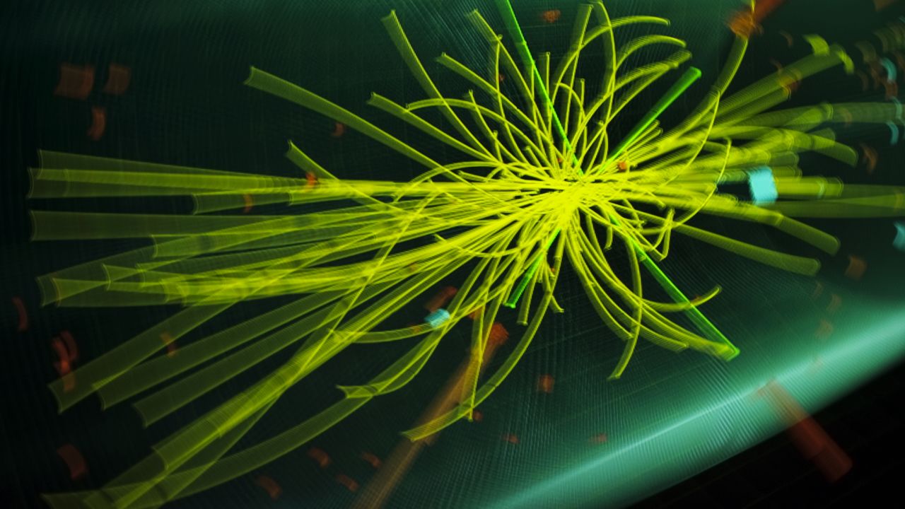 Traces of particle collisions are illustrated in this graphic from the European Organization for Nuclear Research. 