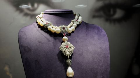 La Peregrina, a Cartier necklace from the Elizabeth Taylor collection, sits on display at Christie's Auction House in New York.