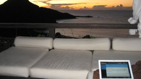 Even during this sunset, Khalid was on her laptop, checking her work e-mail.