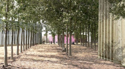 The design of the park also incorporates tree planting and swales which help mitigate local water and air pollution, as this architect's image shows. 
