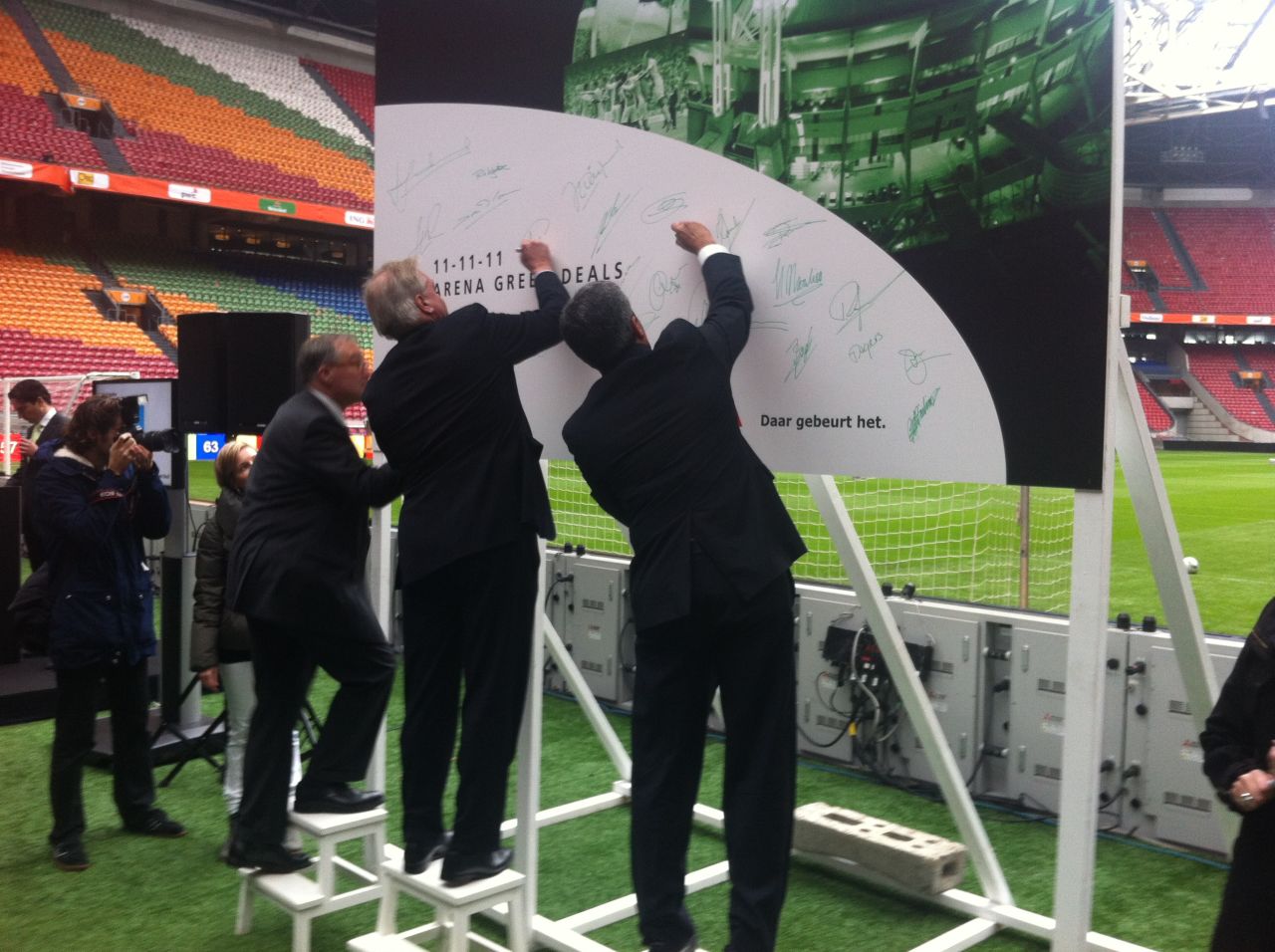It has a deal to install its "sugar seats" at Amsterdam ArenA, home of Ajax football club. Dignitaries signed up at 11 a.m. on November 11, 2011 -- which was Sustainability Day in the Netherlands.
