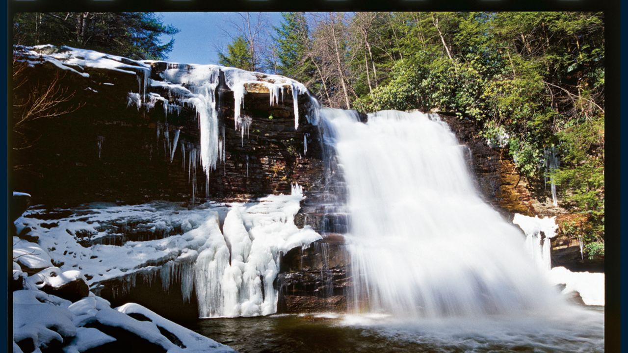It's an easy hike to Muddy Creek Falls, which often freezes this time of year.