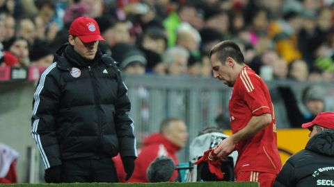 Franck Ribery walks off after being shown a red card in Bayern Munich's 3-0 win over Cologne.