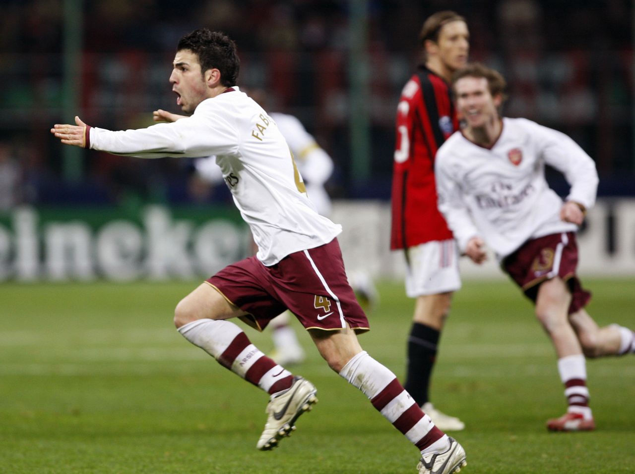 Arsenal eliminated AC Milan at the last 16 stage of the 2007/08 competition, goals from Emmanuel Adebayor and Cesc Fabregas handing Arsene Wenger's team a crucial 2-0 second-leg victory at the San Siro.