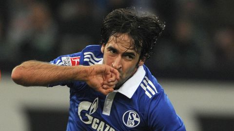 Schalke striker Raul celebrates after scoring one of his three goals against Werder Bremen on Saturday.