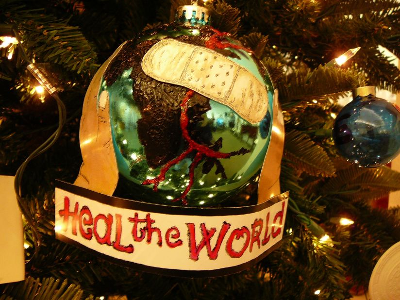 This Christmas tree ornament, with a reference to Jackson's 1991 song "Heal the World", was on display at the Beverly Hills auction.