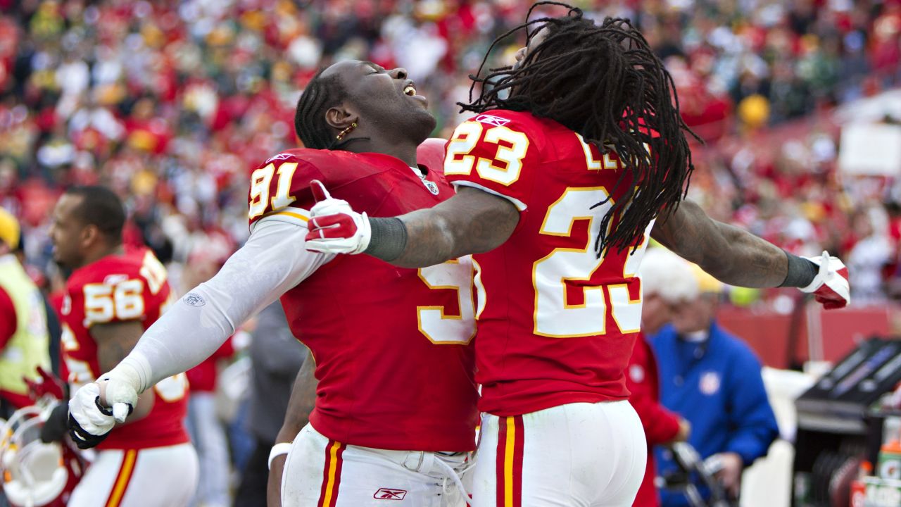 Tamba Hall and Kendrick Lewis of the Kansas City Chiefs celebrate after Sunday's win over the Green Bay Packers.