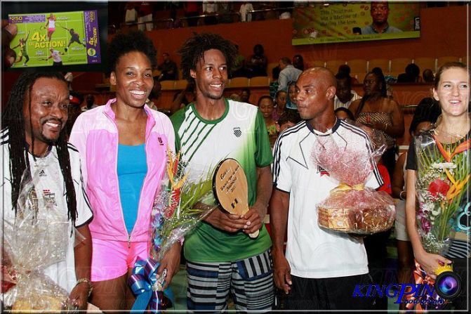 Tennis stars Venus Williams (second left), Gael Monfils (with racket) and Victoria Azarenka (far right) have been introduced to the Bajan sport.