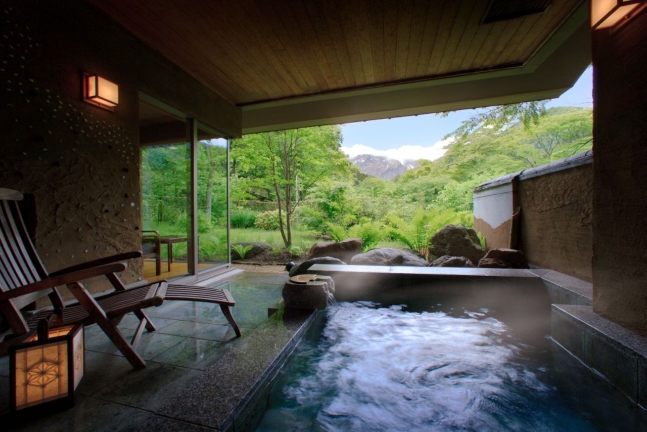 View from the private bath of a Bettei Senjyuan guest room outside Minakami, Japan