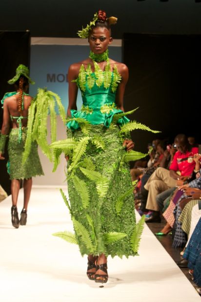 This year's Nigeria Fashion Week showcased a "Going Green" collection to create awareness of environmental issues. Dress by Modela Couture.