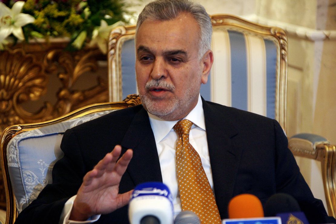 Iraqi Vice President Tariq al-Hashimi speaks to reporters during a press conference at Kuwait City's Bayan Palace in January 2008.