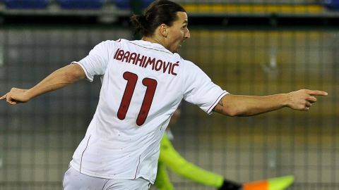 AC Milan striker Zlatan Ibrahimovic celebrates after scoring his 11th league goal this season in the win over Cagliari.