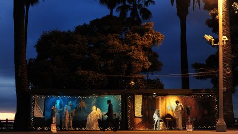 A creche stands in Santa Monica, California, where atheists have legally occupied space normally used for Nativity scenes. 