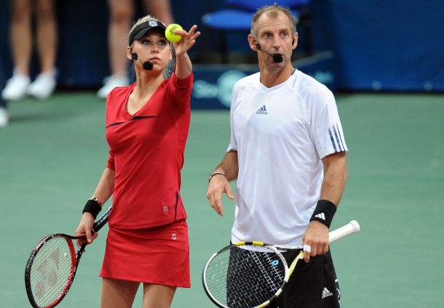 Muster stopped playing in 1999, but returned in 2010 playing second-tier Challenger tour events and exhibitions such as this match with former women's pin-up Anna Kournikova.